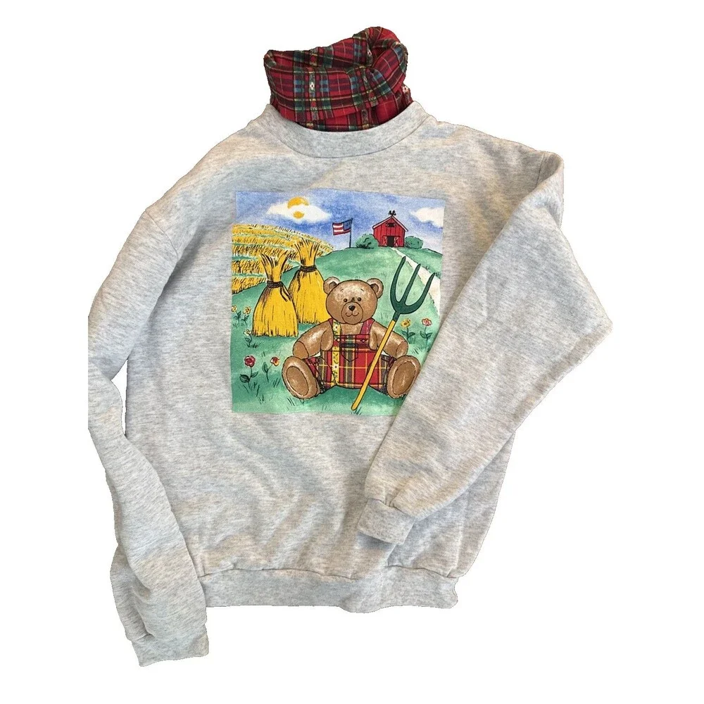 2x Vtg Basic Image Sweatshirt Girls Size 14/16 XL Mock Turtleneck Cats Bear EUC